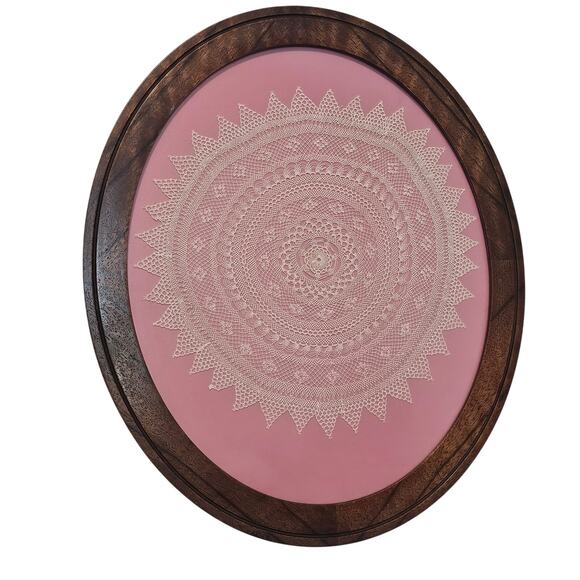 Vintage Framed Needlepoint Picture Pink Oval 80s Cottage Doily Mandala Country - Picture 1 of 9